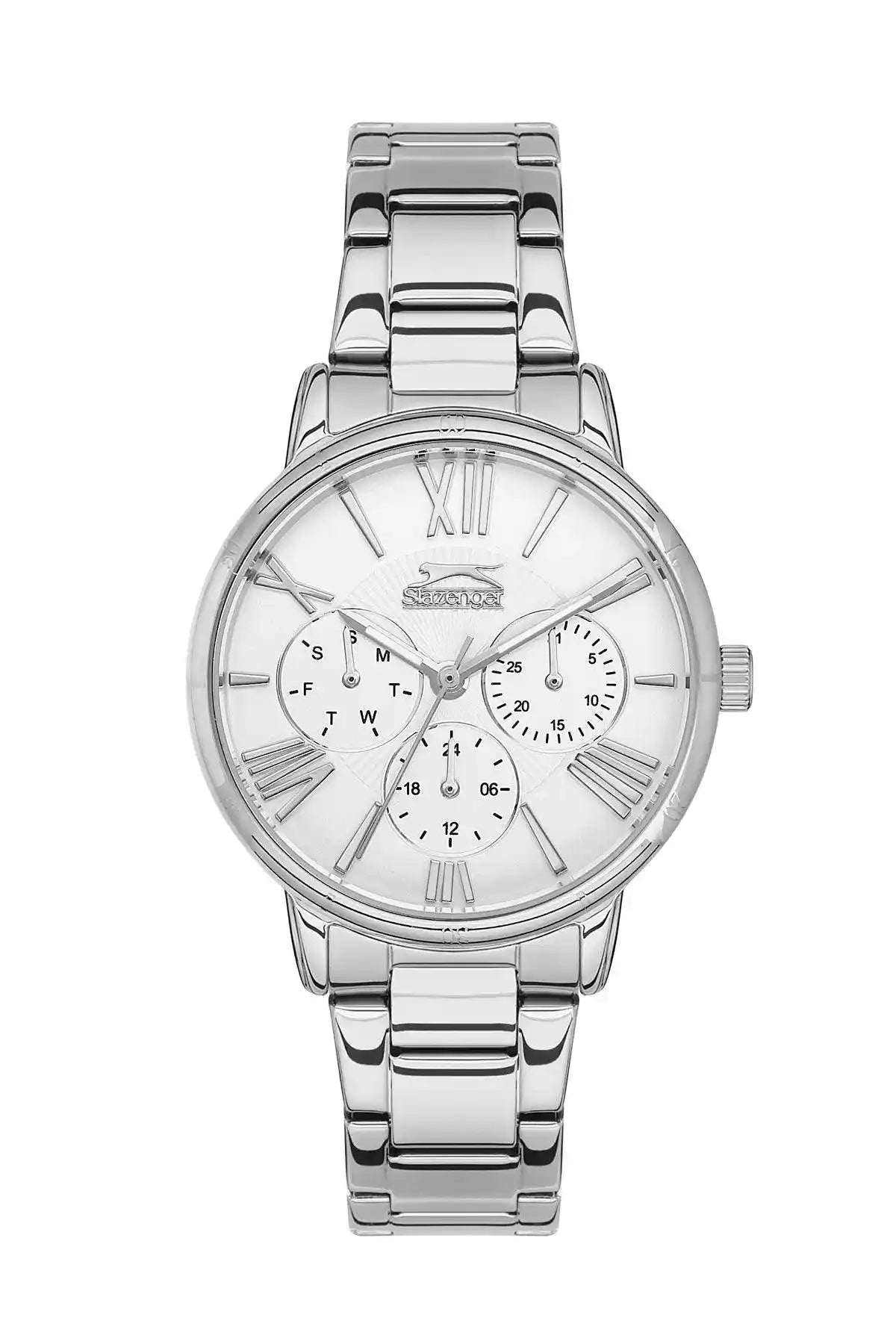 SLAZENGER silver analog wristwatch with metal bracelet, Roman numerals, three subdials