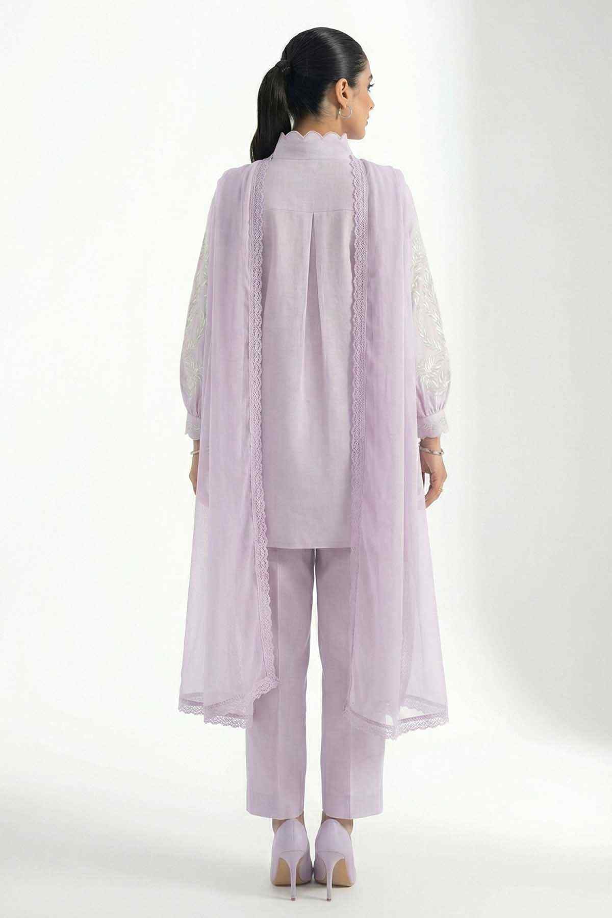 Lilac kurta set from back view with lace-trim yoke, straight pants, and sheer dupatta