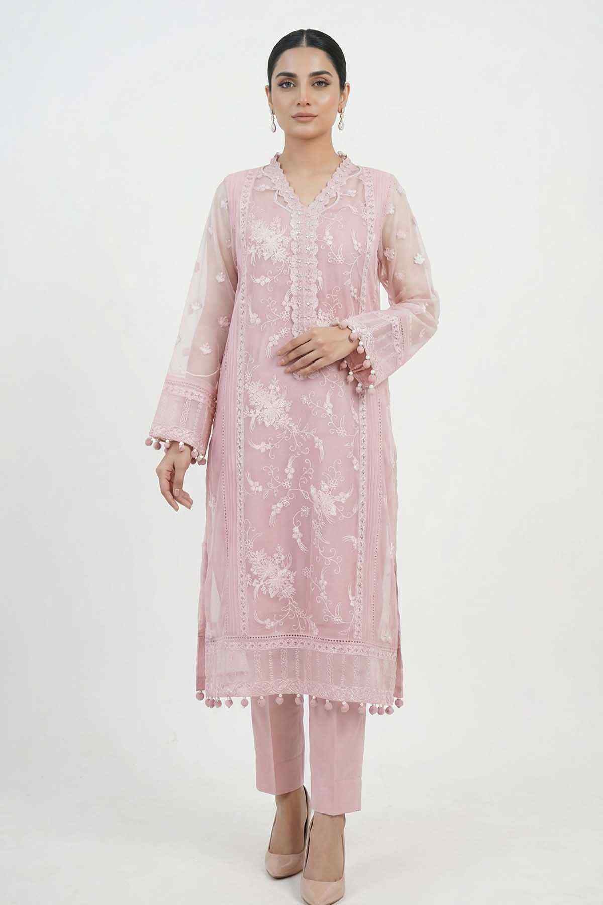 Pink embroidered kurta with pants and sheer dupatta, front pose with hands