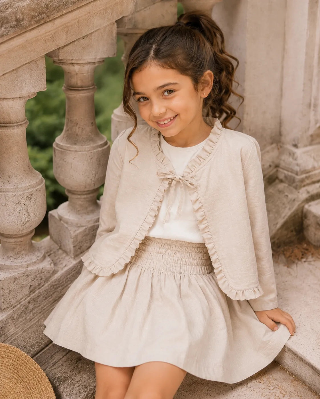 Beige girls dress with ruffle trim, smocked yoke, and gathered hem