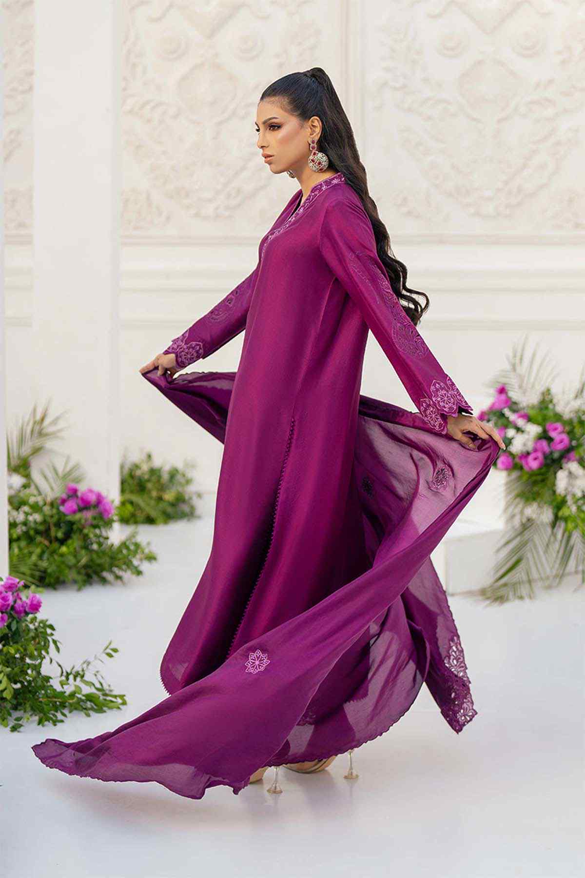 Purple embroidered long dress with wide draped dupatta, side view