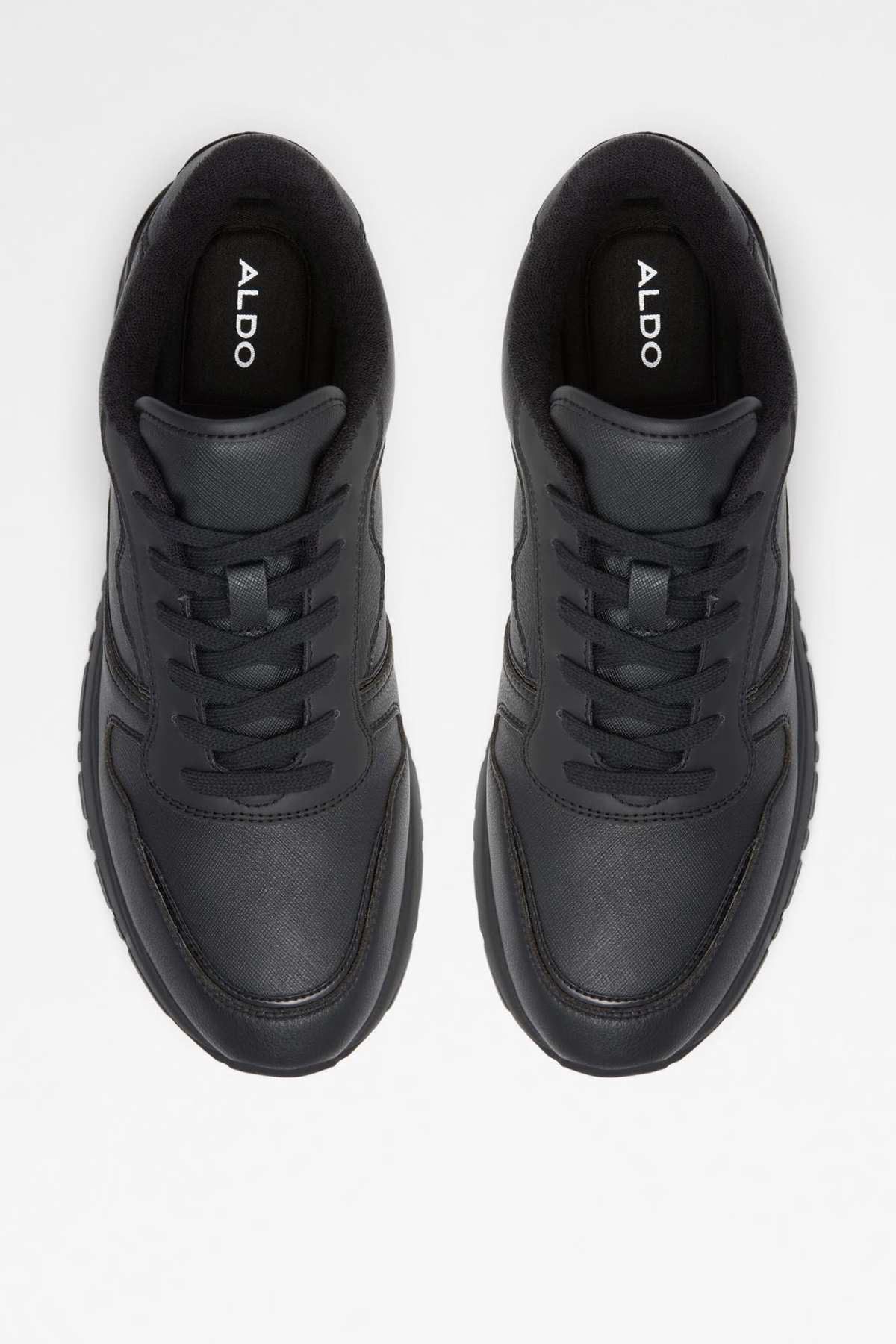 Black lace-up sneaker uppers with ALDO logo on tongue and lace eyelets