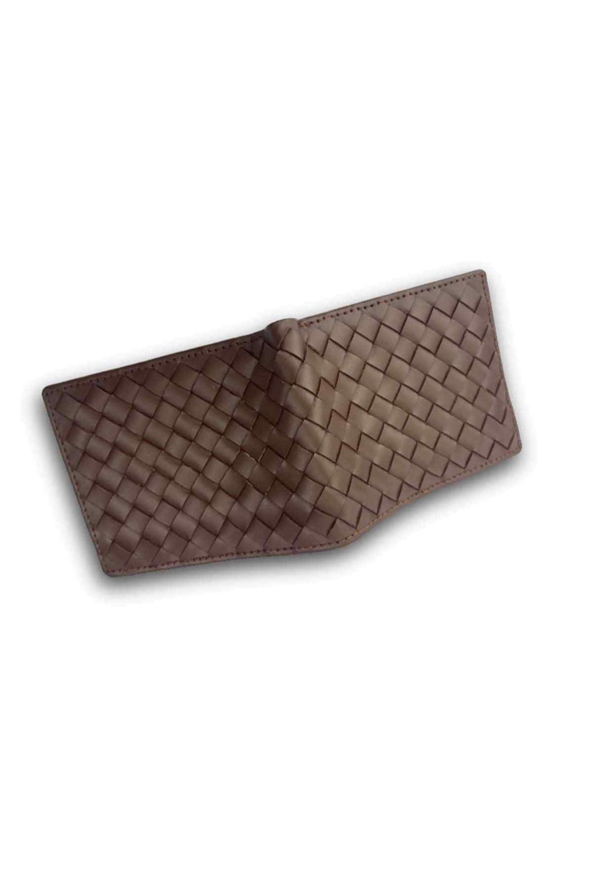 Brown woven leather wallet front, folded closed with check pattern texture
