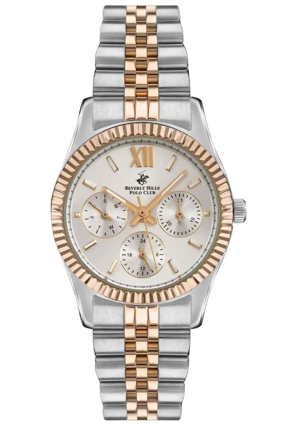 BHPC two-tone metal wristwatch with rose-gold bezel, roman numerals, chronograph dials