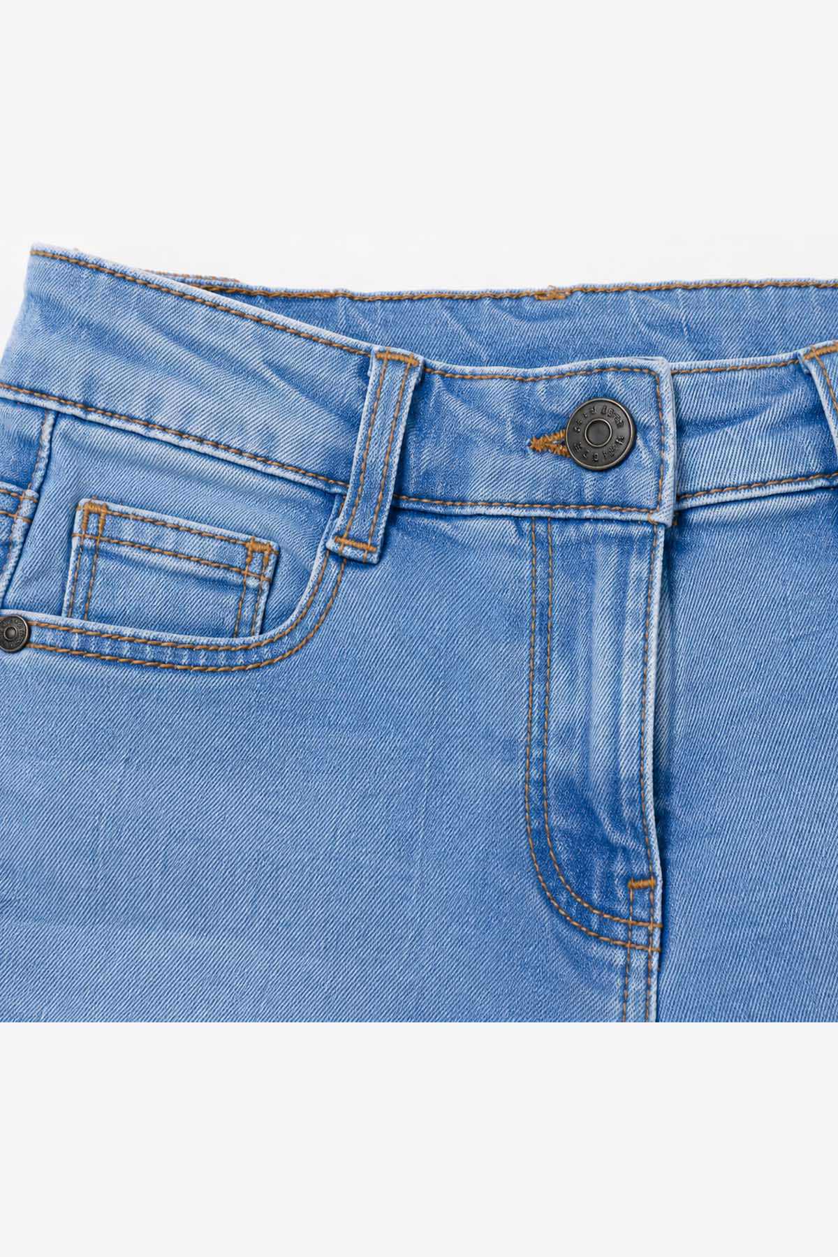 Blue denim jeans detail: stitched waistband, button closure, and front patch pocket