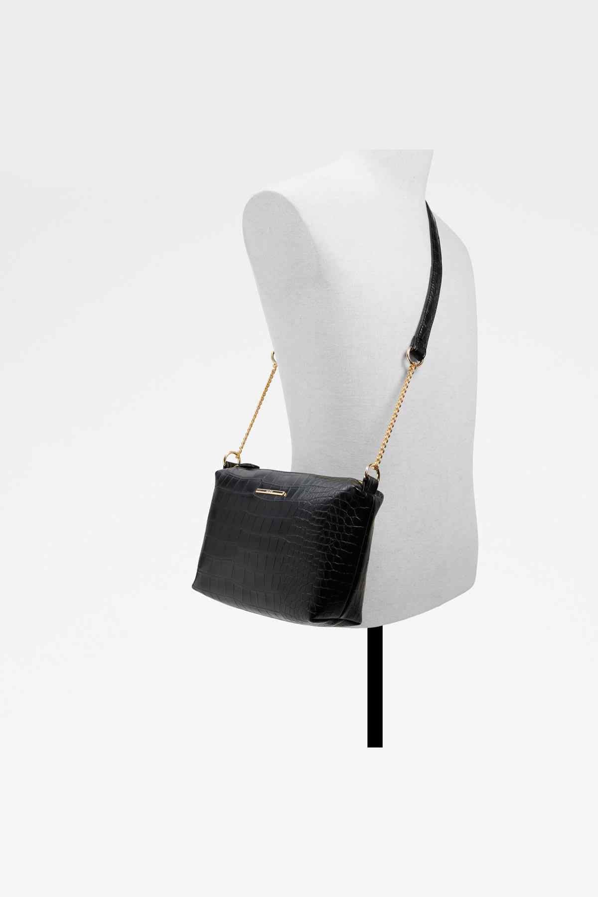 Black small crossbody bag with chain strap and embossed texture