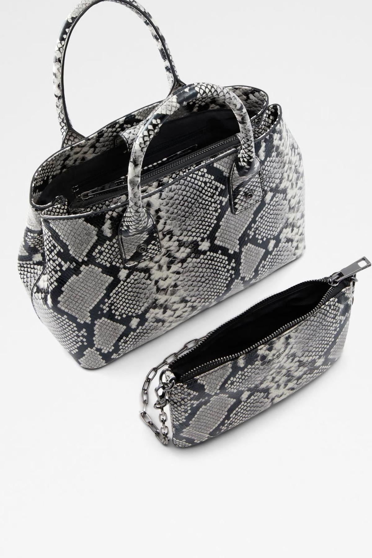 ALDO snakeskin-print handbag with open top and matching zip pouch