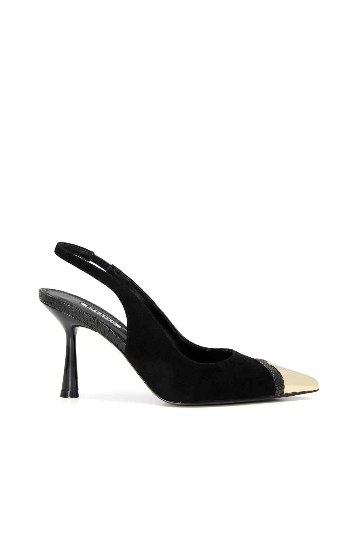 Black suede slingback stiletto heel, pointed toe with metallic front panel