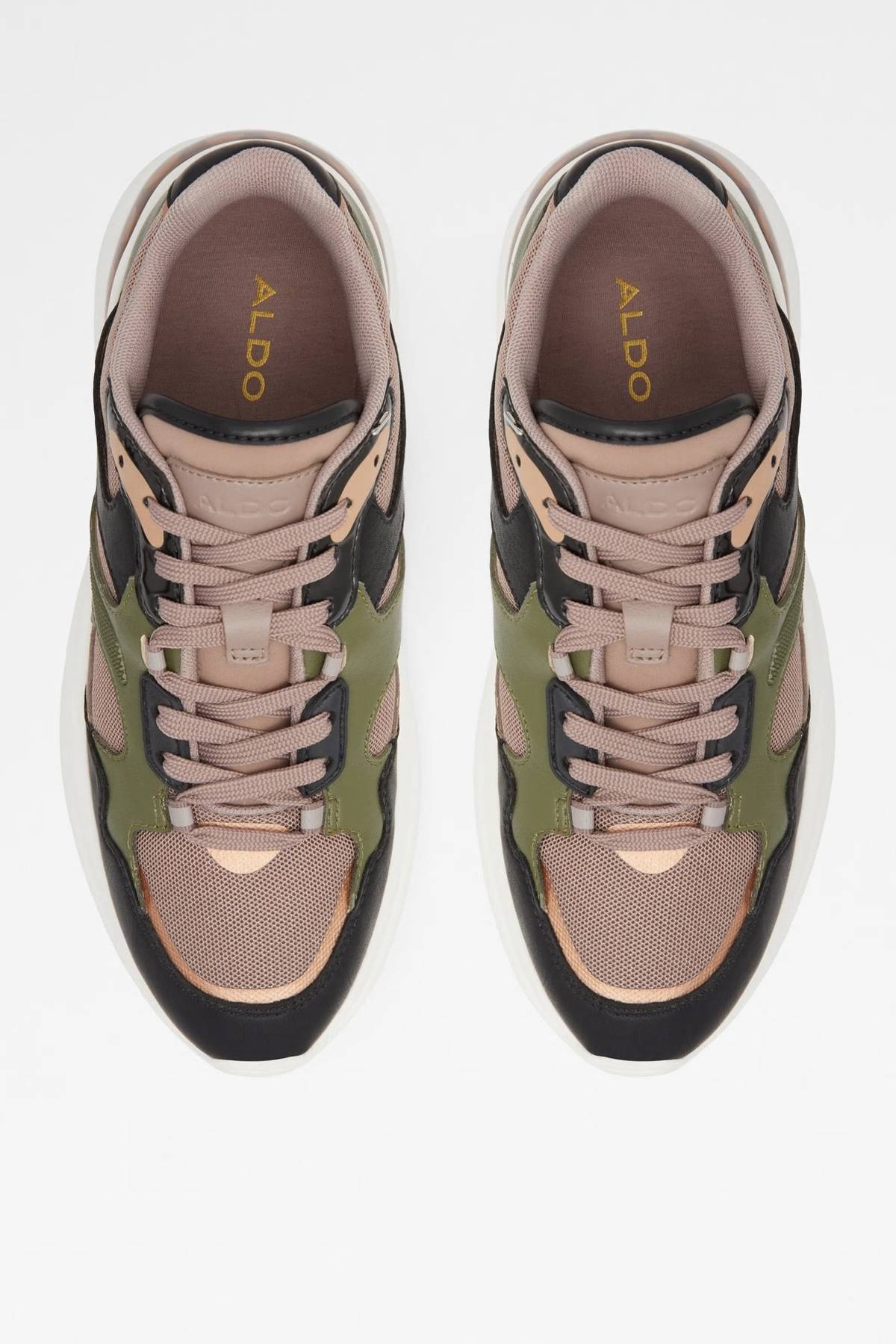 ALDO sneakers with ALDO logo on tongue, laced taupe/olive/black upper