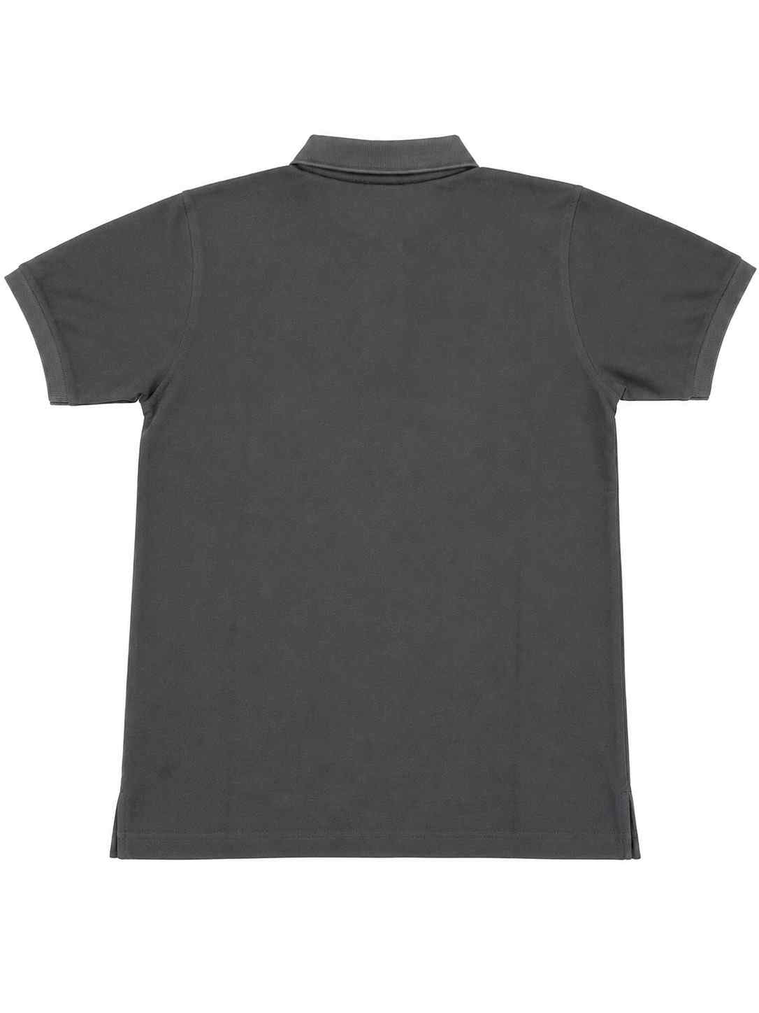 Men's charcoal polo shirt back view with short sleeves and collar