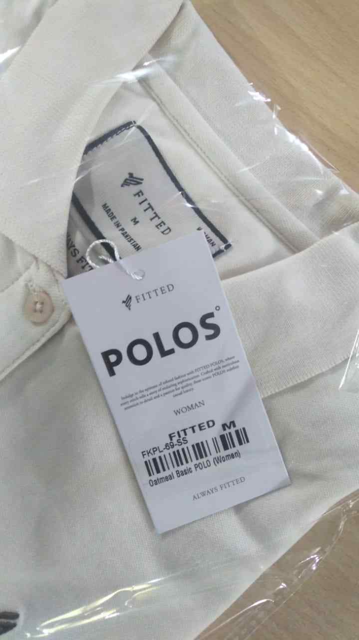 White fitted polo shirt with button placket and collar, brand tag attached
