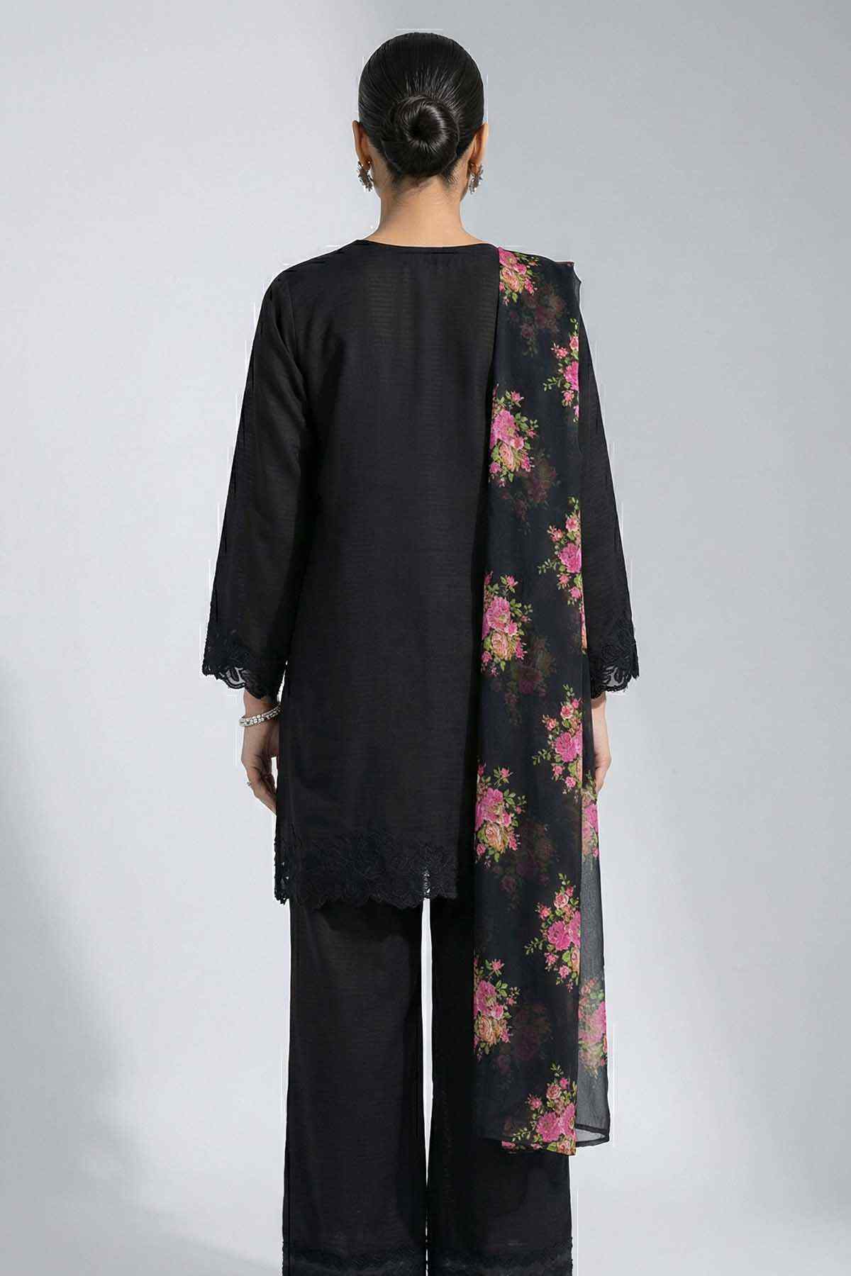 Reema Ahsan black kurta set with long back panel floral dupatta and button placket