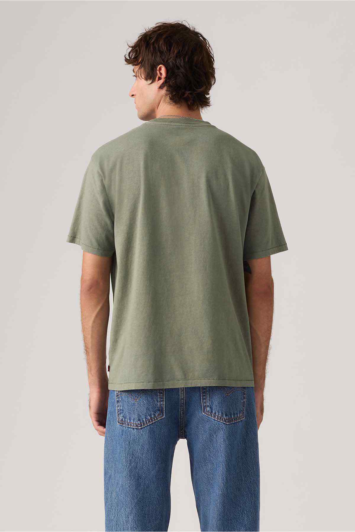 Back view olive-green crewneck T-shirt, short sleeves