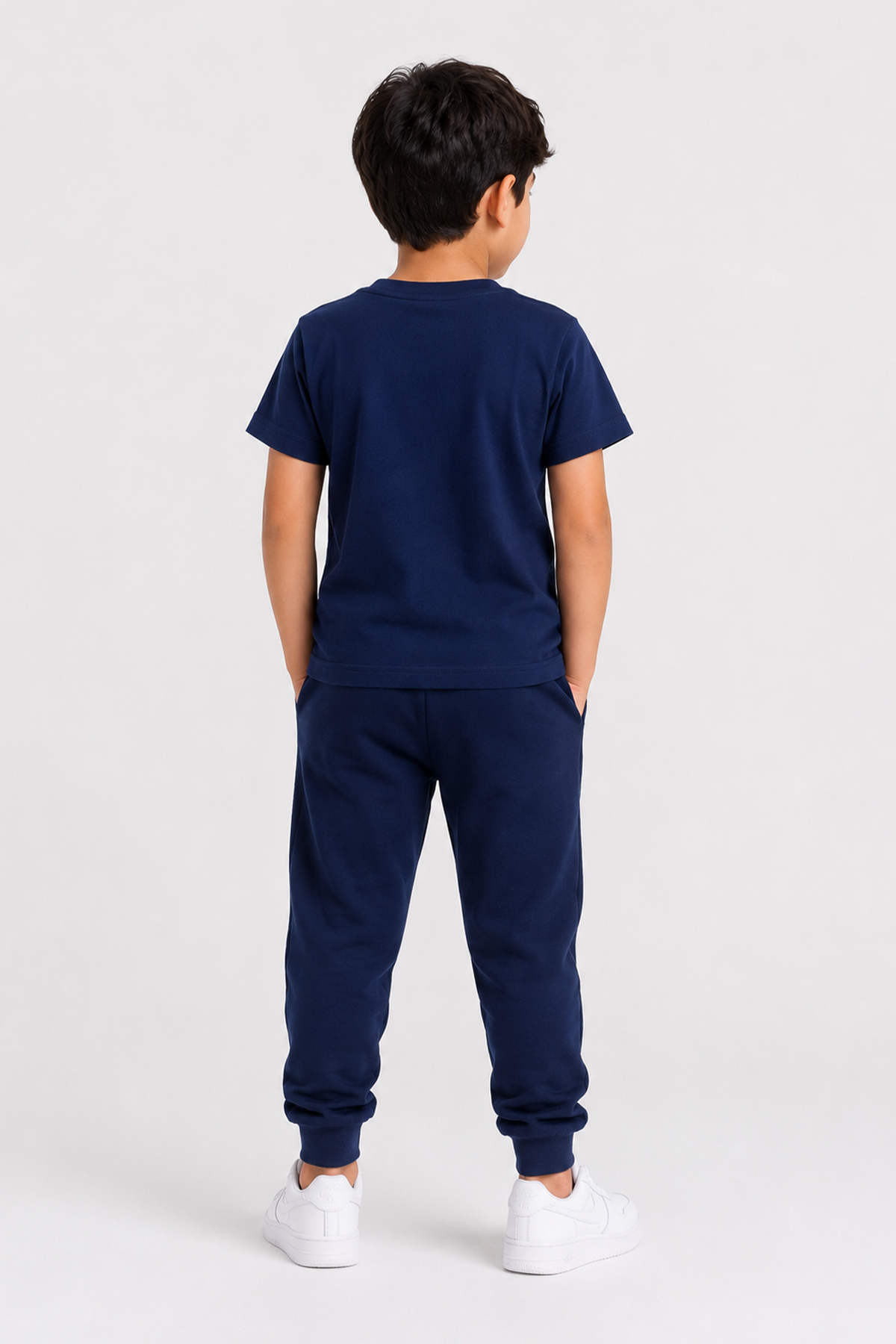 Navy T-shirt and jogger pants set, back view