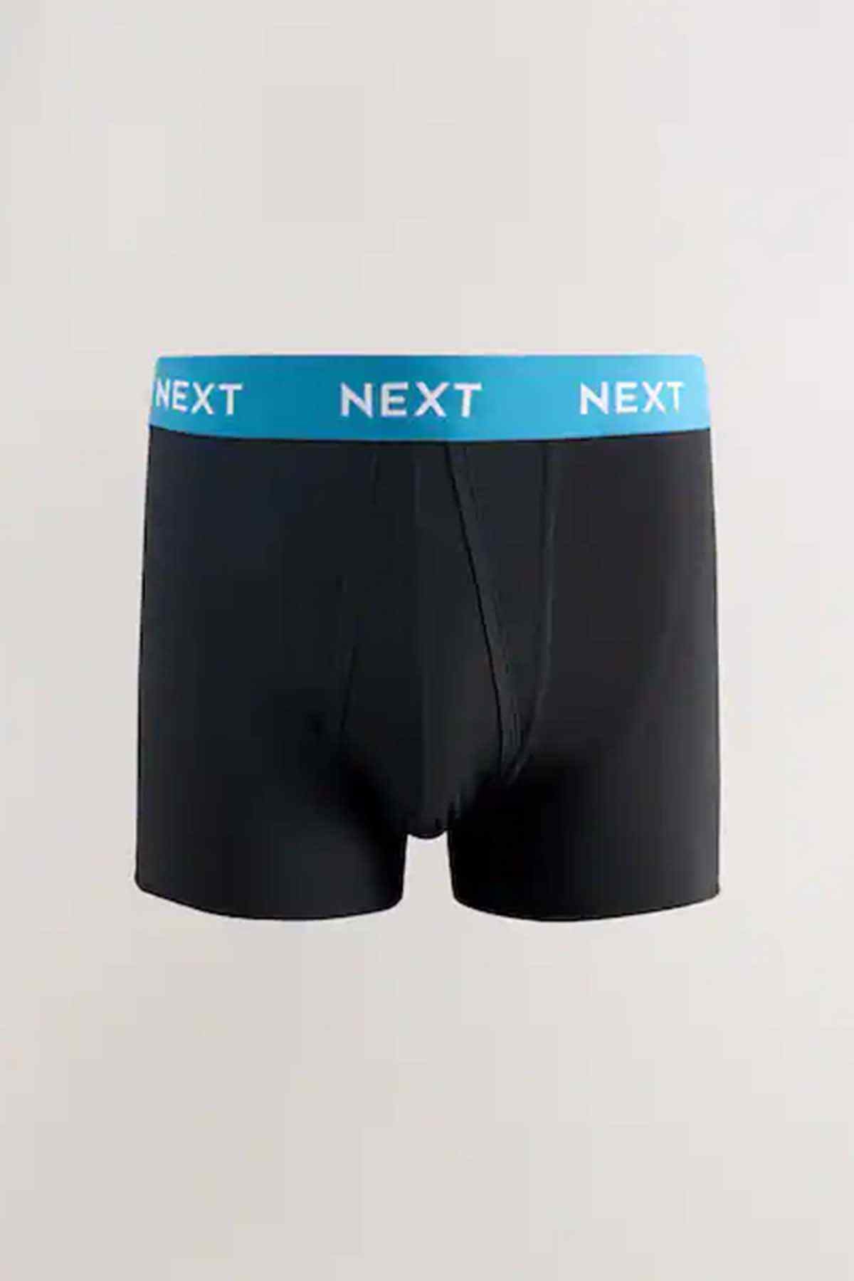 Men's boxer briefs in dark fabric with blue logo waistband and front fly
