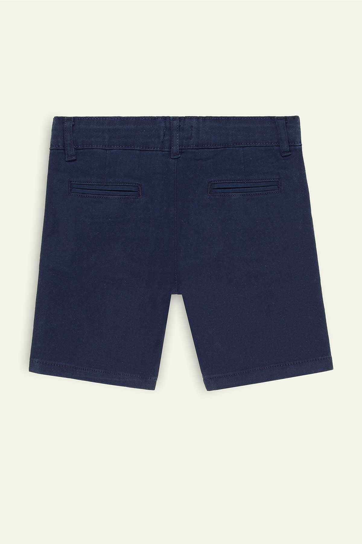 Navy child shorts flat lay with straight legs and front pocket openings