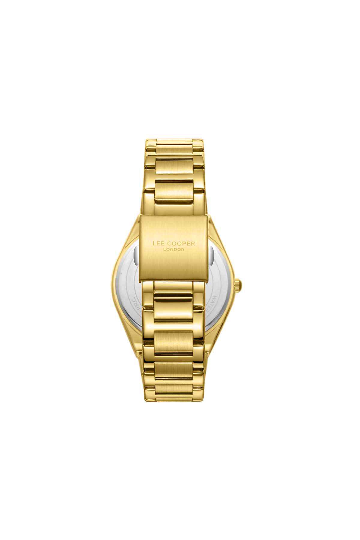 Gold analog wristwatch with white dial and gold bracelet, slight side view