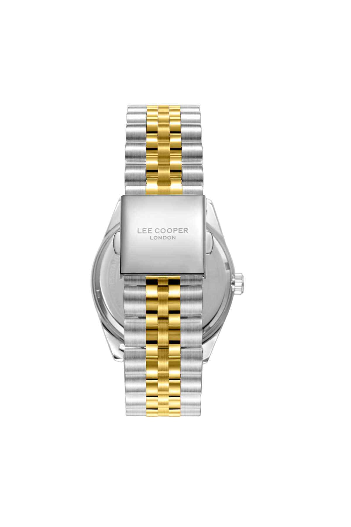 Lee Cooper wristwatch clasp view with silver case and gold center-link metal strap