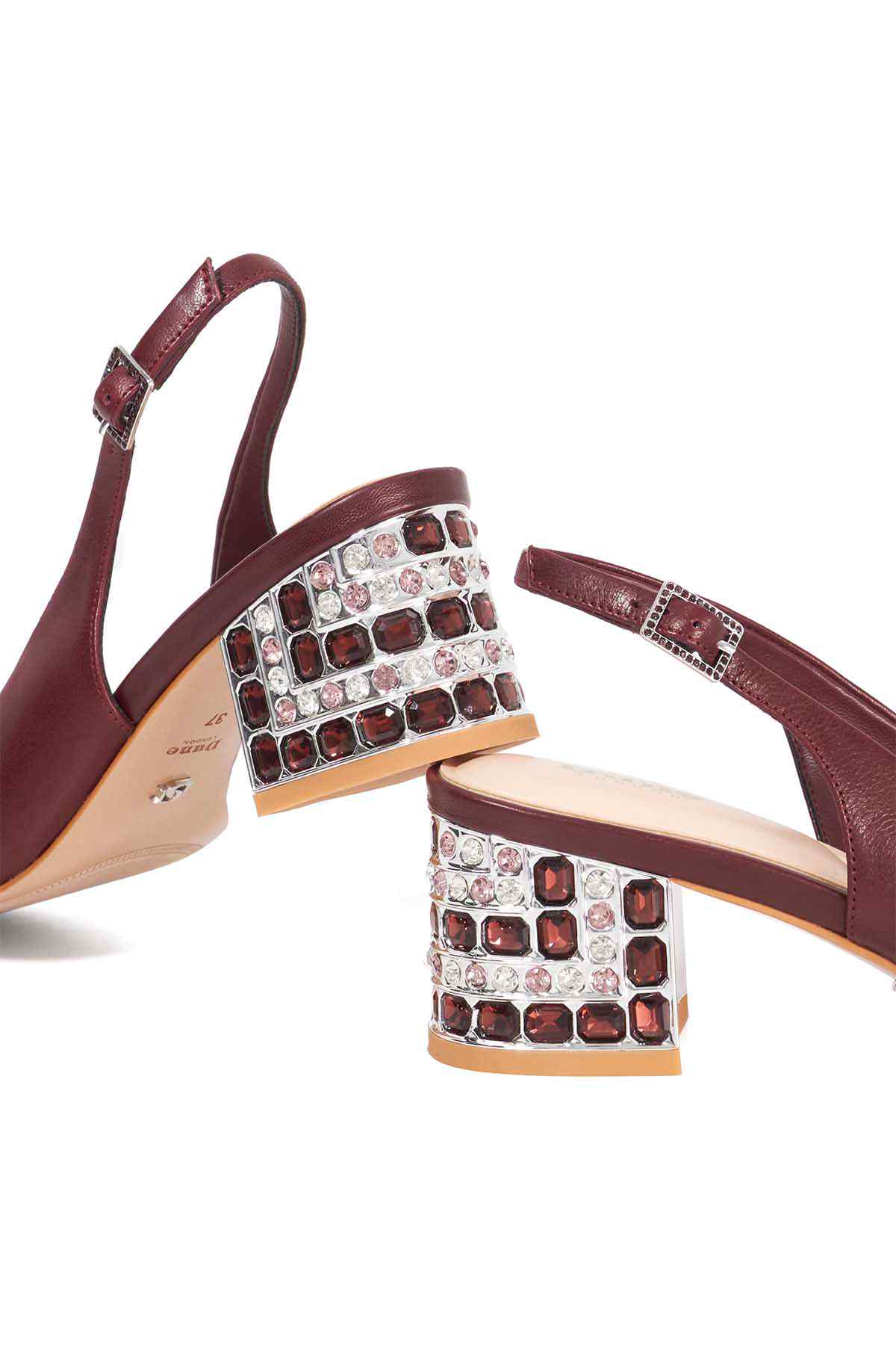 Burgundy slingback pump with jeweled square block heel detail