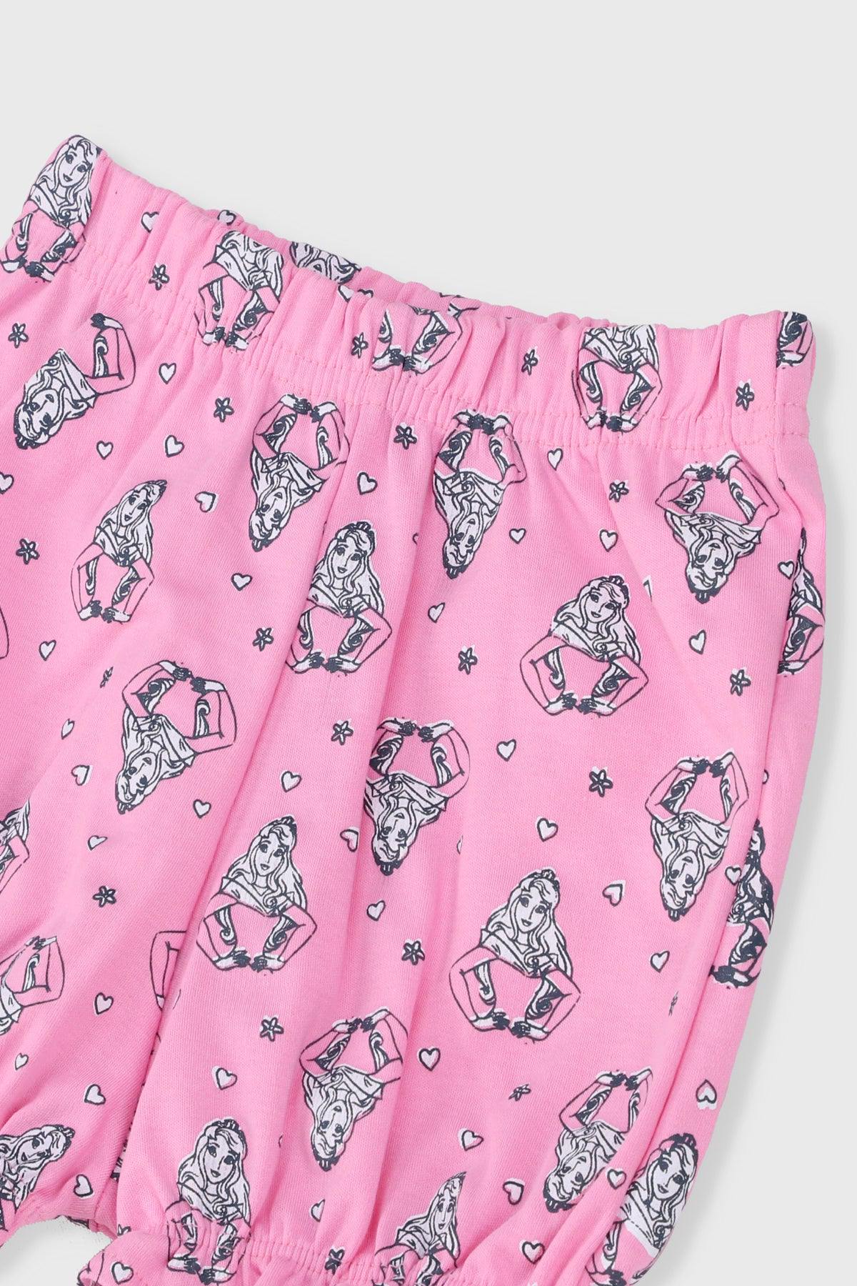 Pink pajama shorts with allover princess and heart pattern