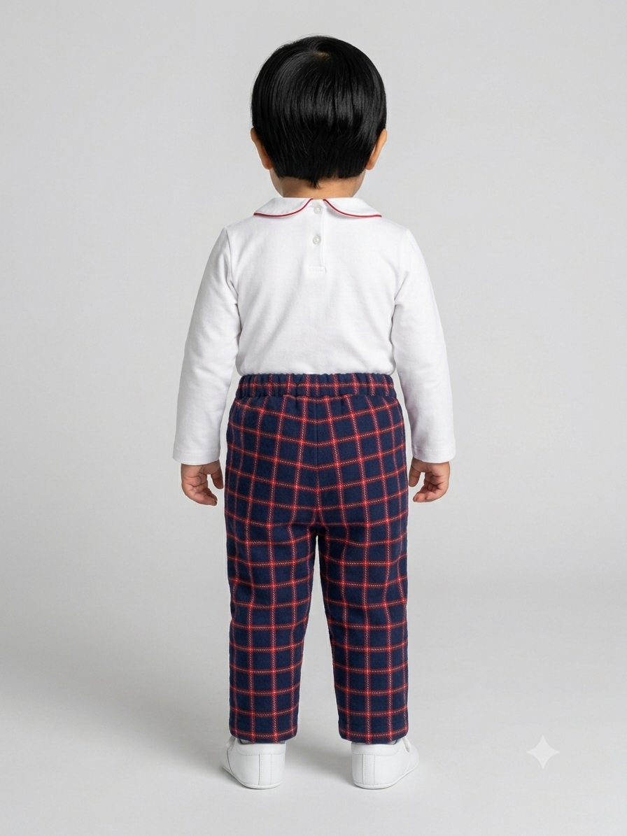 Plaid baby trousers with elastic waist, seen from back on child