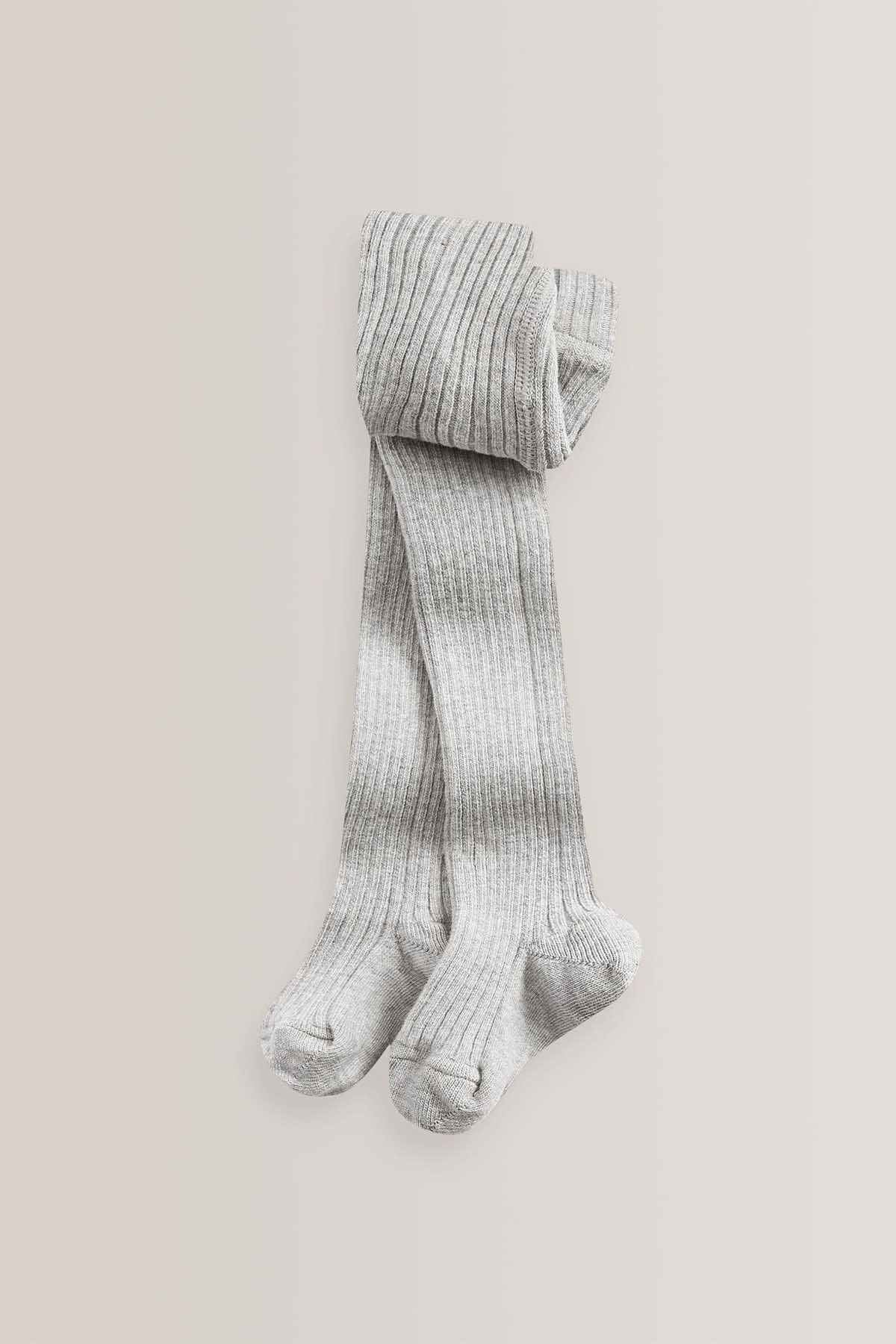 Grey ribbed knee-high socks with folded cuff and toes
