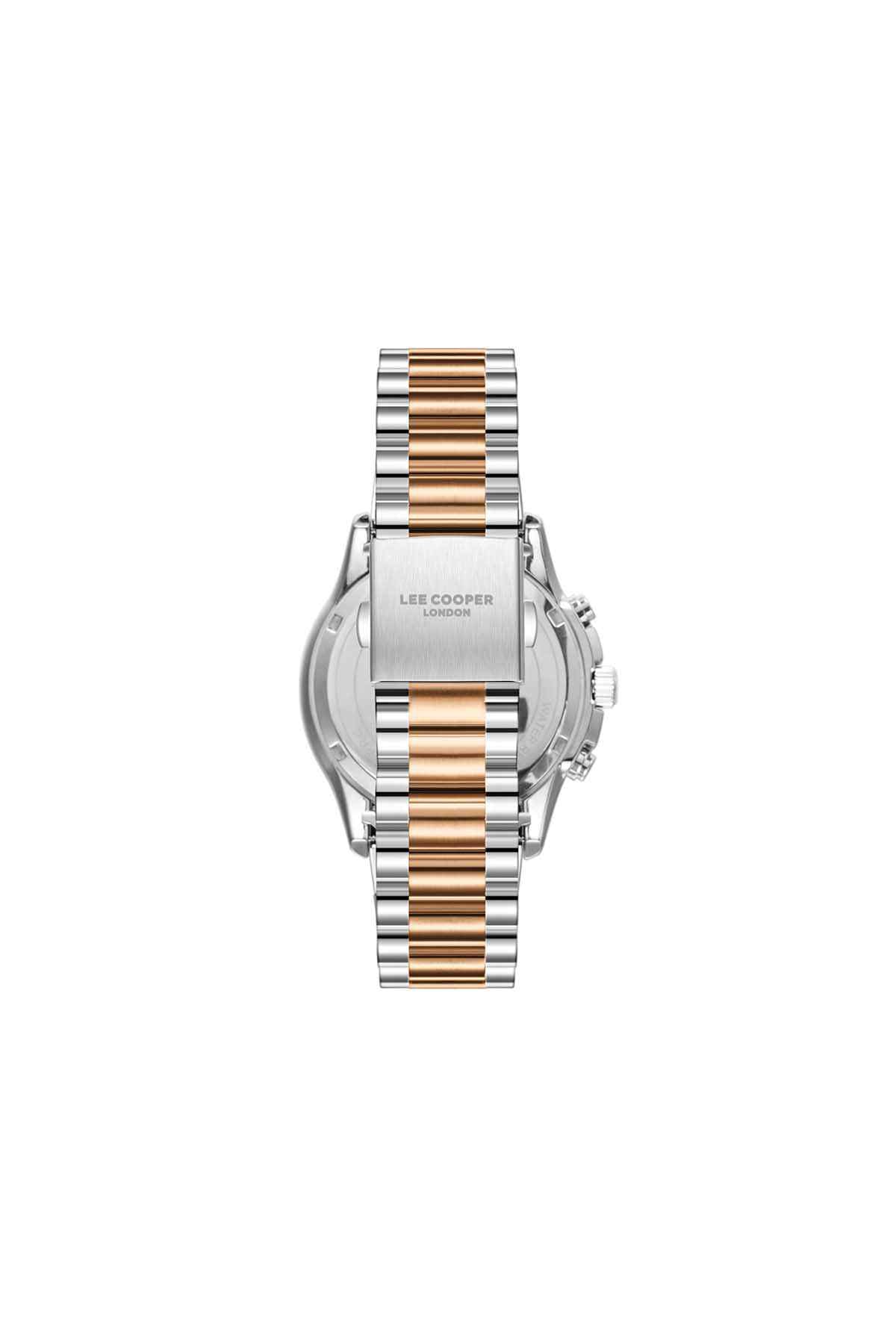 Lee Cooper watch, silver case and bracelet with rose-gold stripe center, side crown