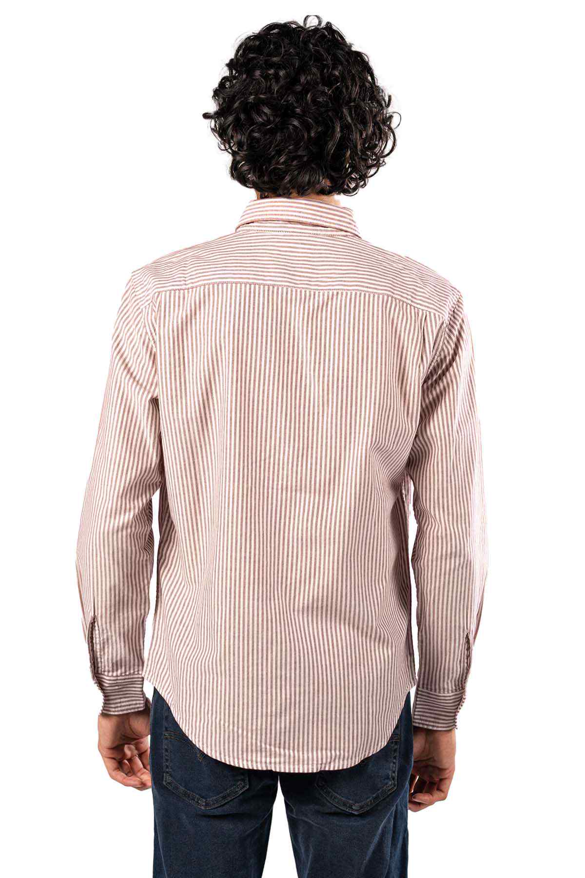 Levi's striped button-up shirt with long sleeves, back view, pink and white vertical