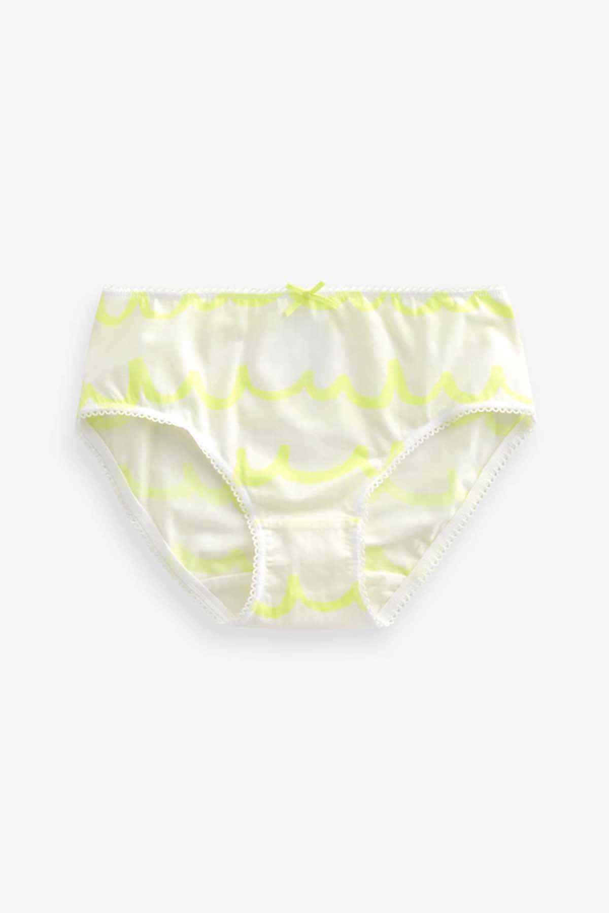 Kids' white brief underwear with neon yellow wave trim and ruffled edge