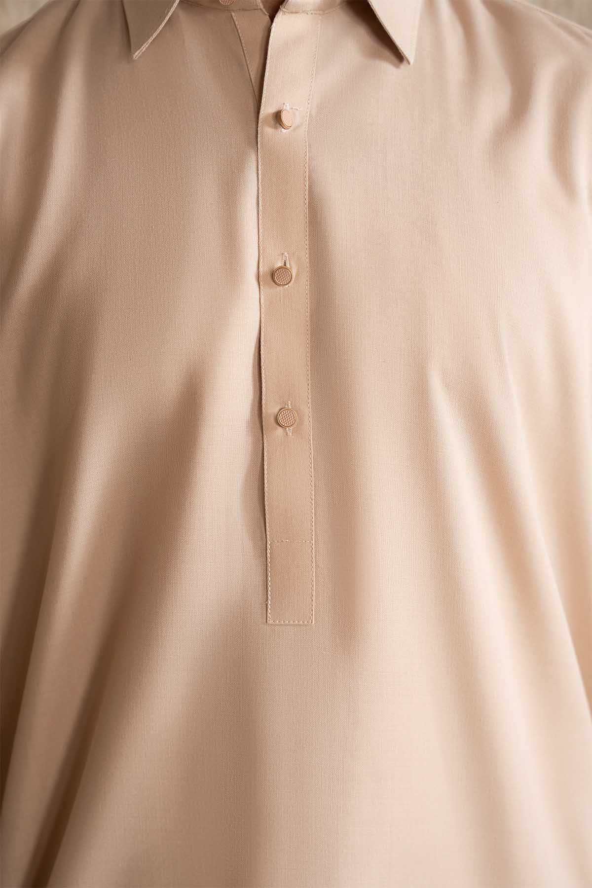 Light almond tunic front with stand collar and button placket detail