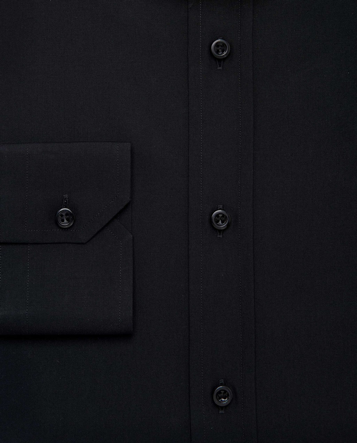 Black men's dress shirt with chest pocket flap and three-button front