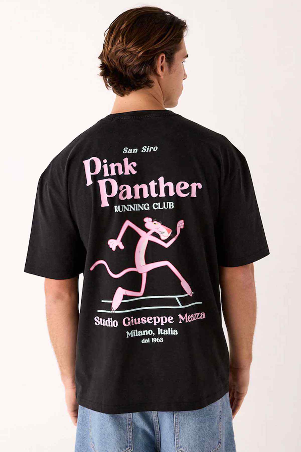 Black crew-neck T-shirt with back Pink Panther running club graphic
