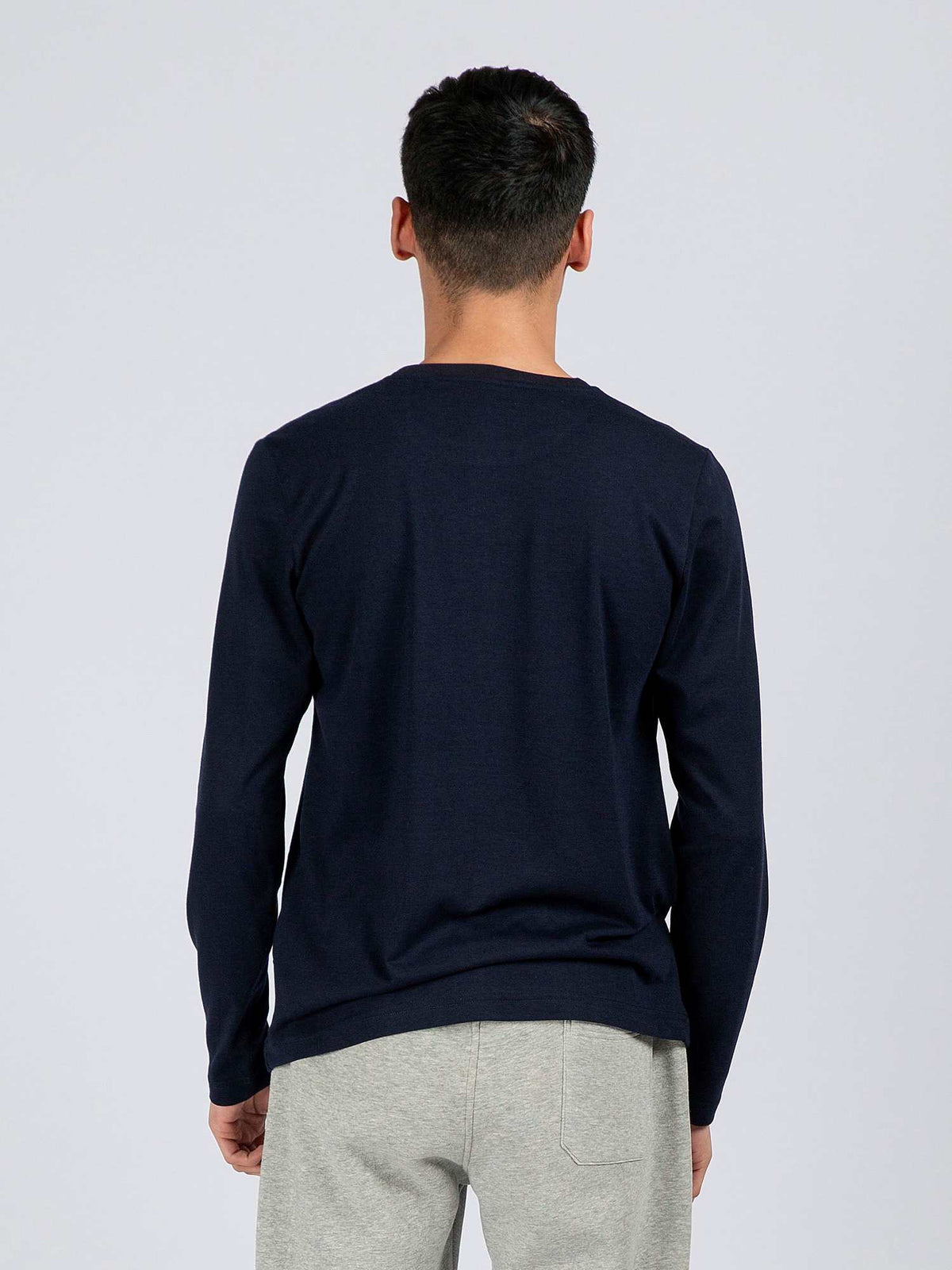 Men's navy long-sleeve T-shirt with crew neck, back view and straight hem