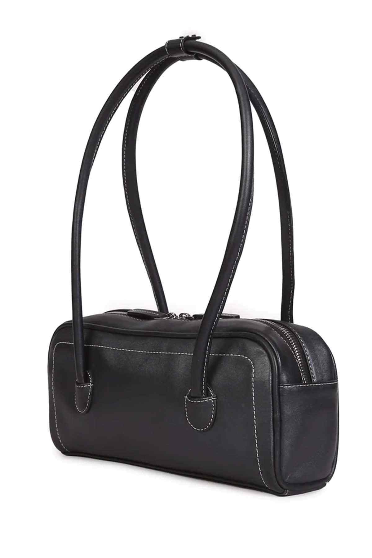 HIBISCUS black handbag with long top handles and rounded side silhouette