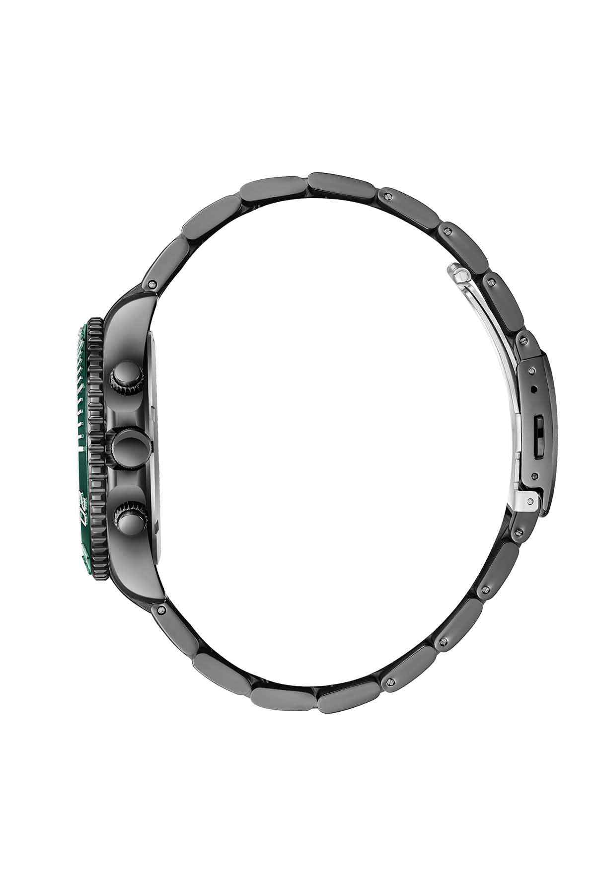 BHPC steel watch side view with green minute track and metal links