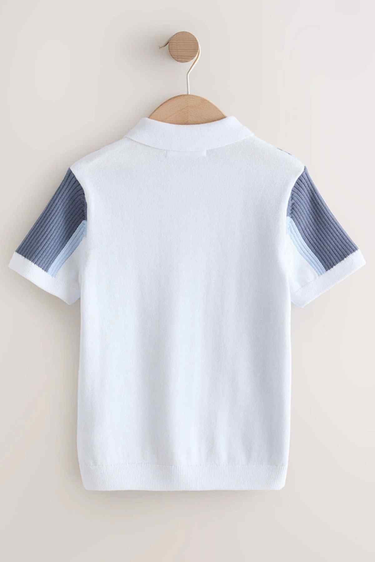 Kids white polo shirt back with blue ribbed sleeve stripes and vertical side panels