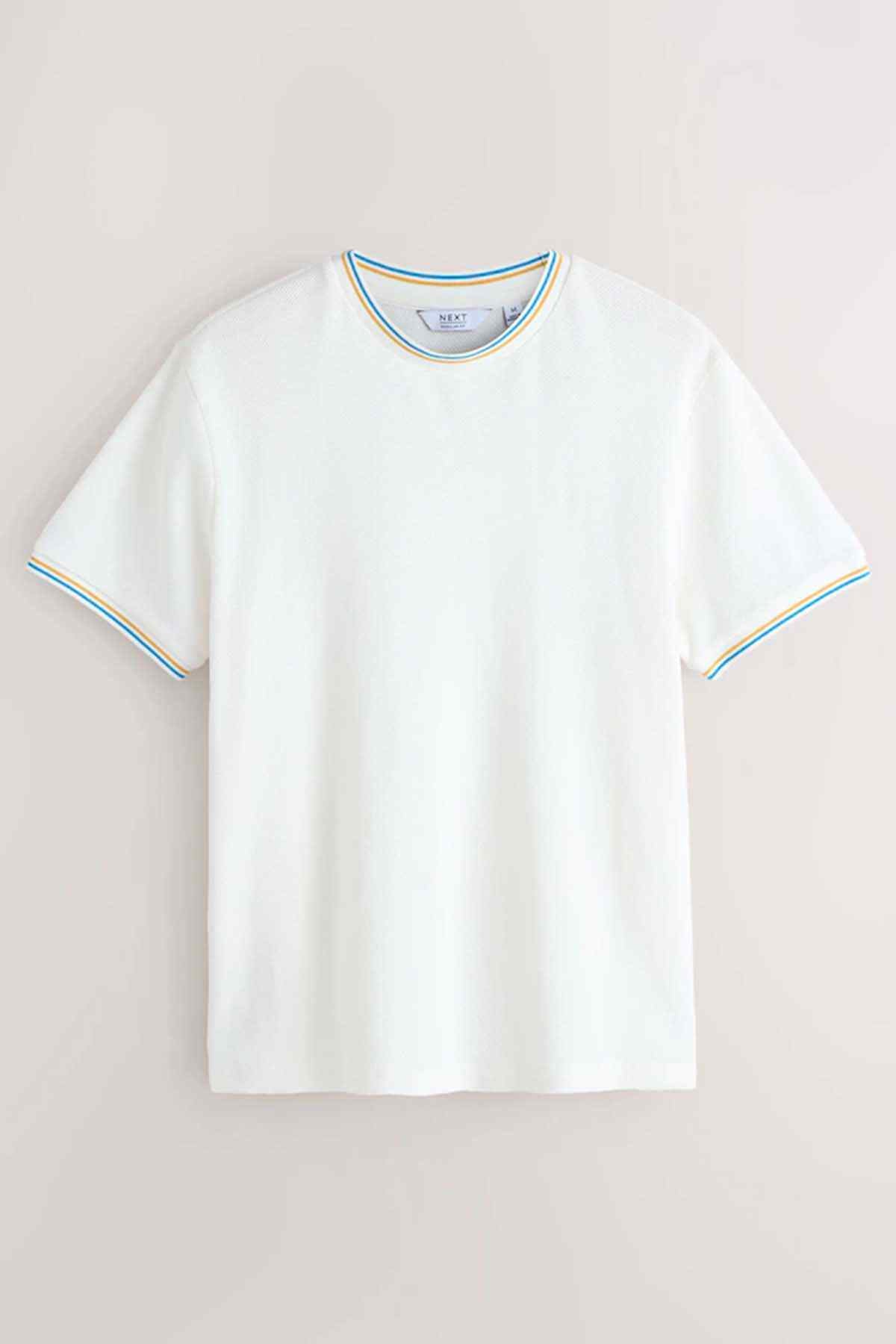 Ecru short-sleeve T-shirt on hanger, round ribbed collar with contrast trim