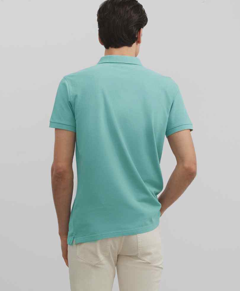 Fitted turquoise polo shirt back view with short sleeves and straight hem