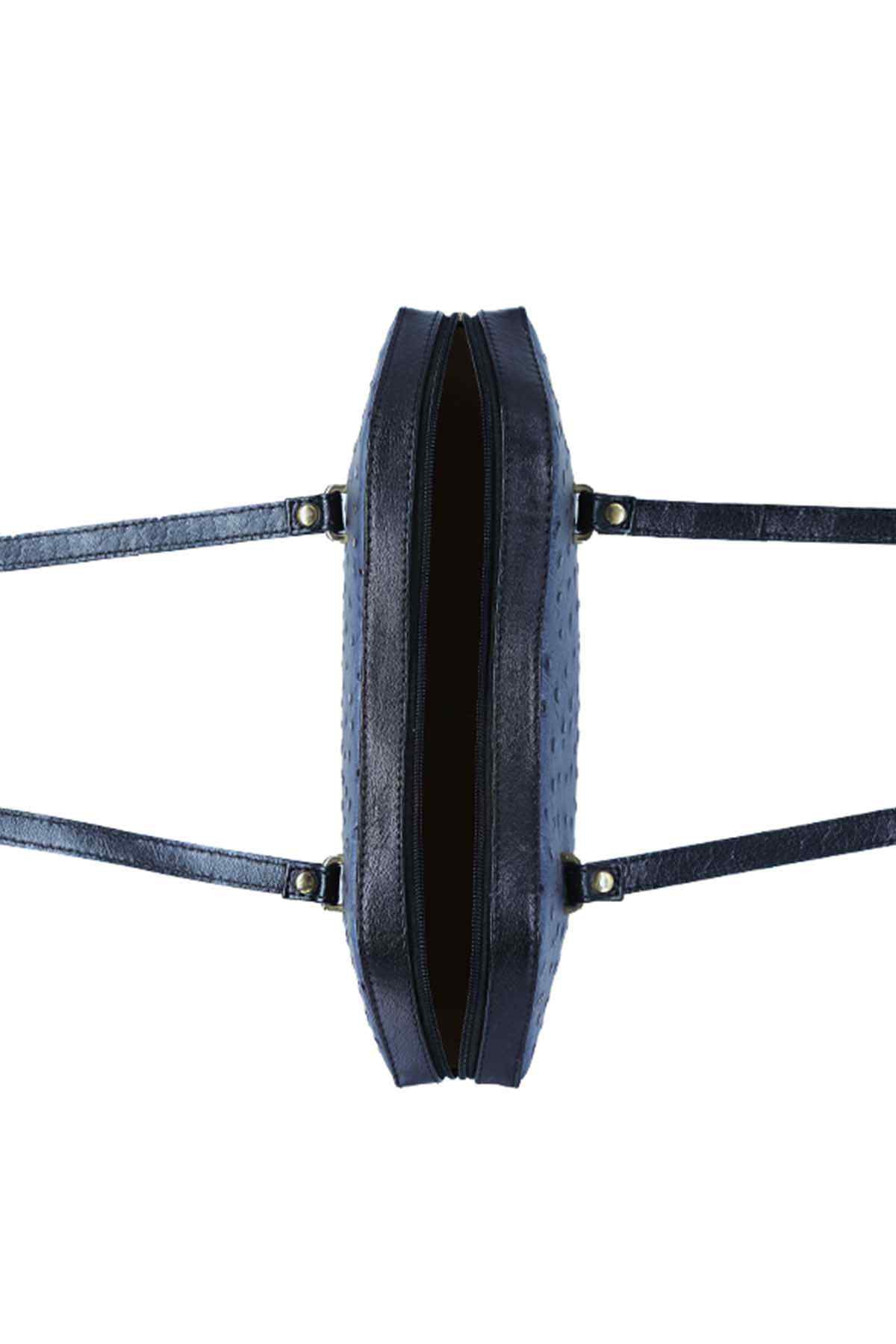 Slate grey shoulder strap with gold hardware and reinforced strap edge