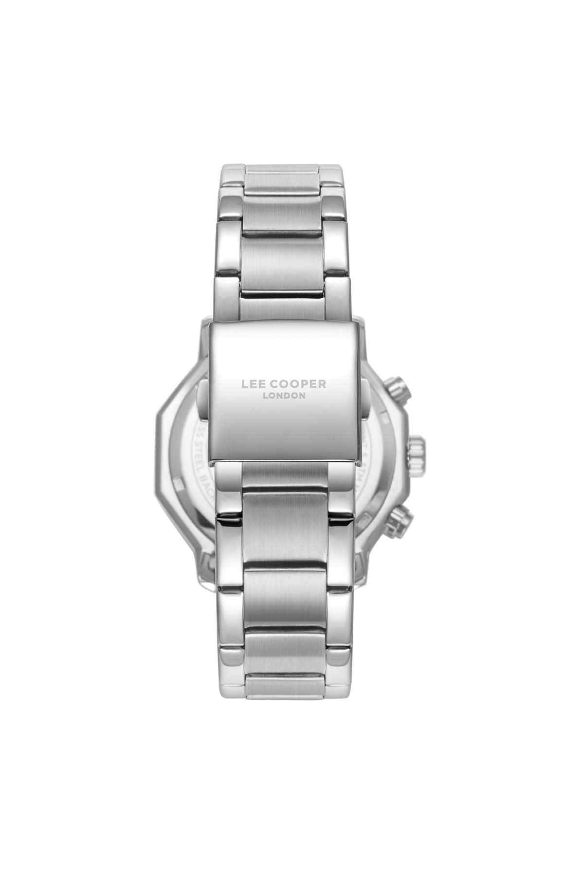 Silver wristwatch caseback with Lee Cooper London branding and metal strap