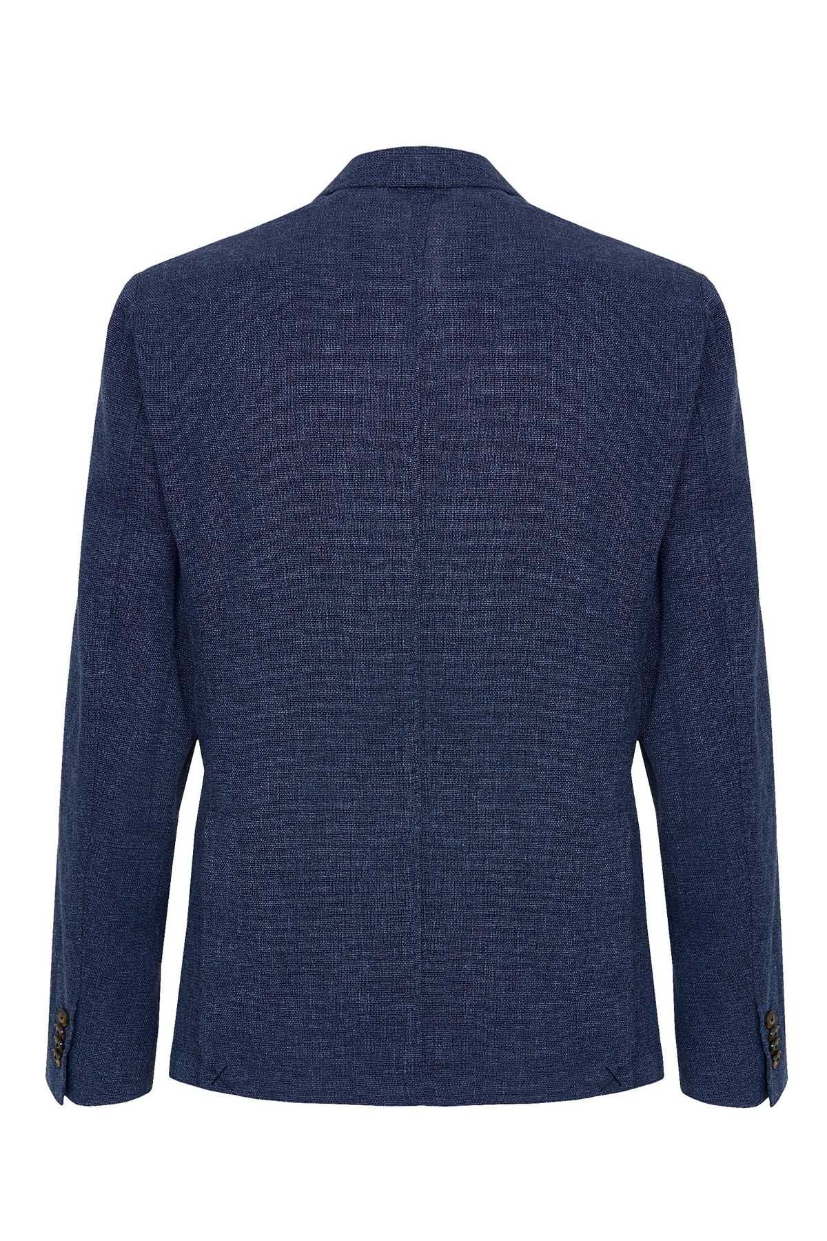 Men's dark blue blazer back view with full-length sleeves