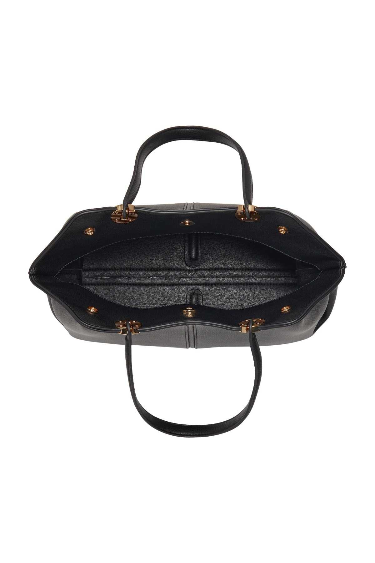 Dune London black leather tote bag interior view with top zip and lined compartments