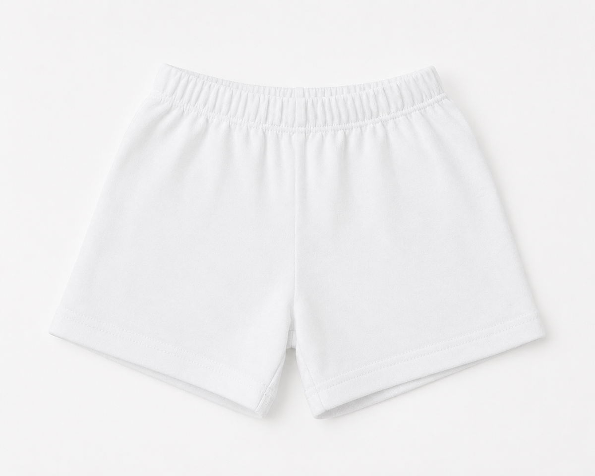 White baby shorts with elastic waistband and stitched hem