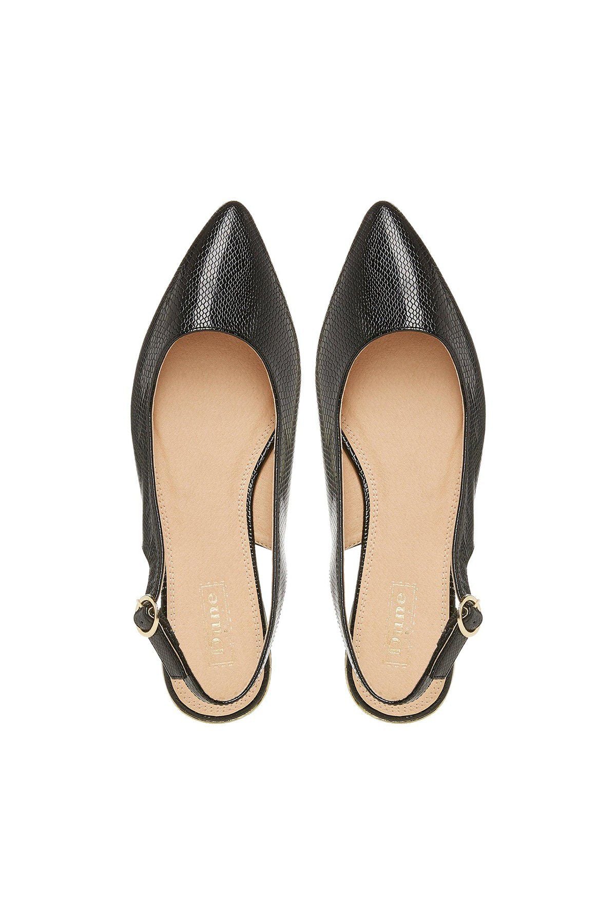 Dune London black textured pointed-toe slingback flats, front view of pair