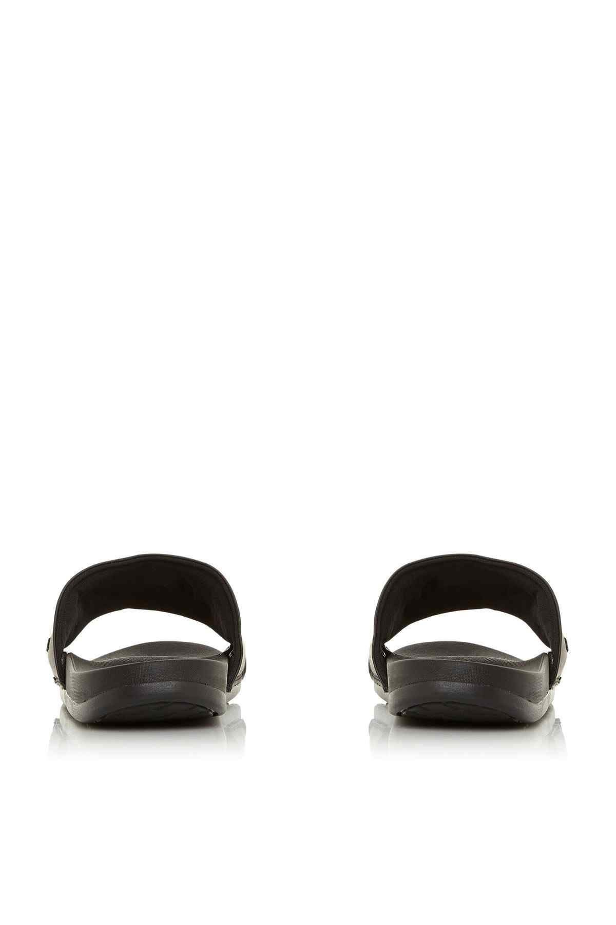 Black slide sandals with wide strap and padded footbed
