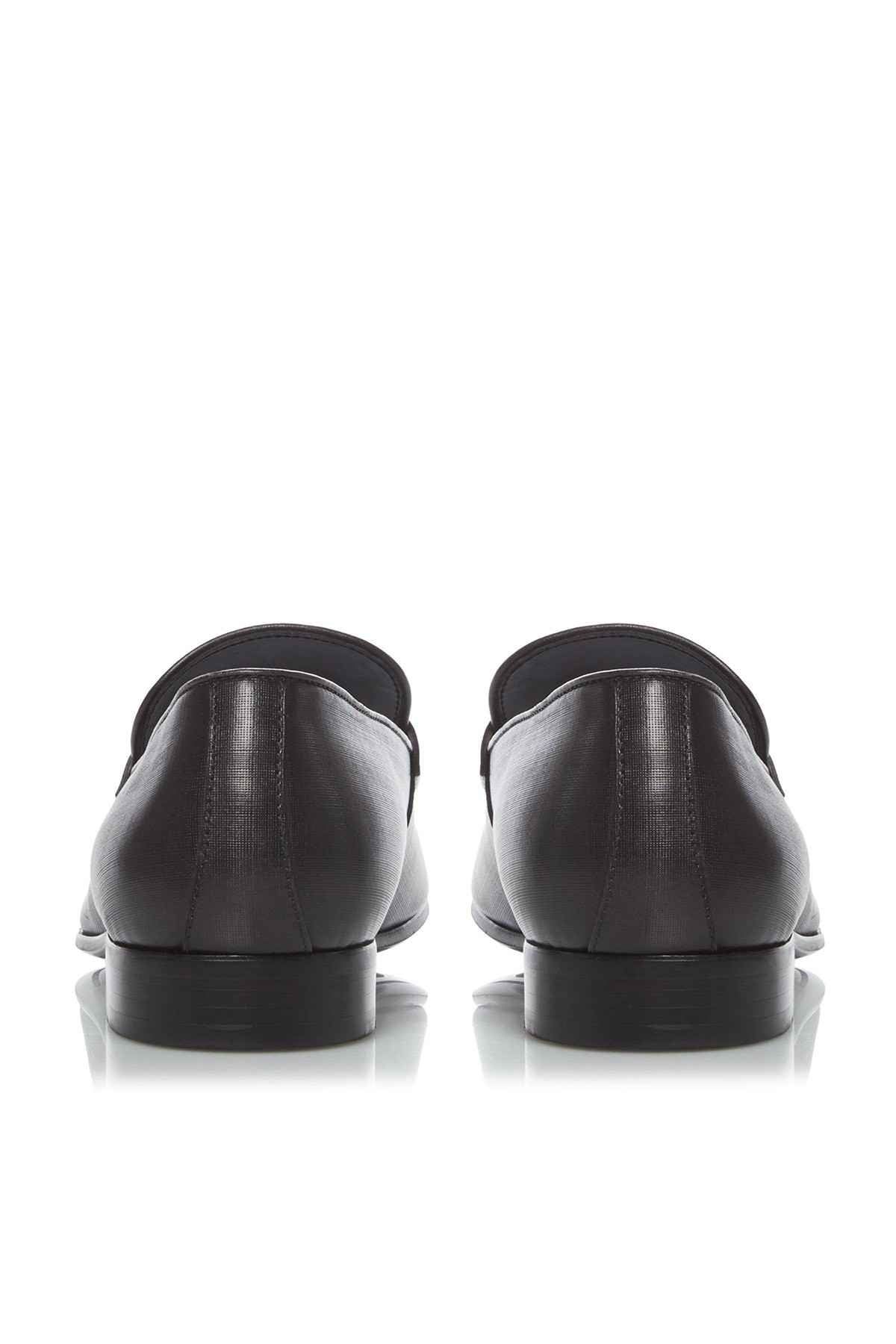 Dune London black leather loafer, rear view with low heel and stitched back