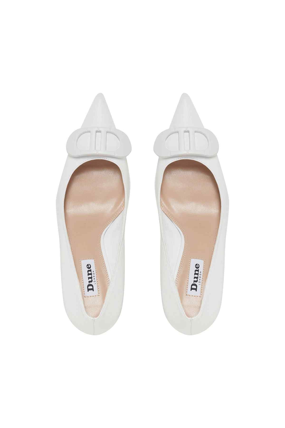 White pointed-toe heeled pumps with bow-like strap and Dune logo insole