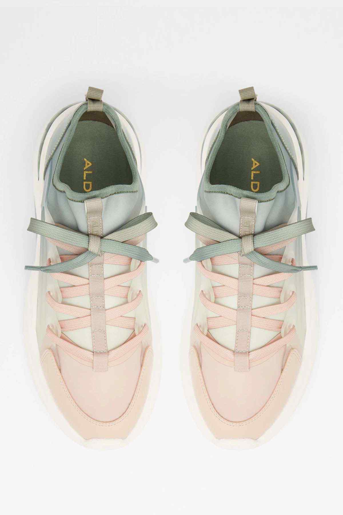 ALDO sneakers pair with lace-up design; ALDO logo on tongue, mint and pink