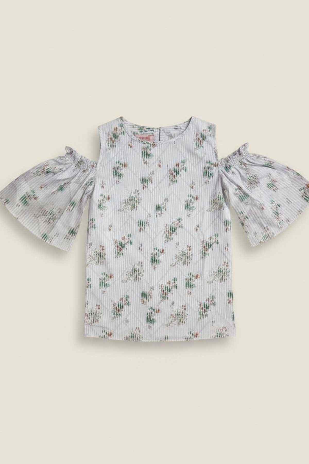 Kids white floral cold-shoulder blouse with short ruffled sleeves, front view