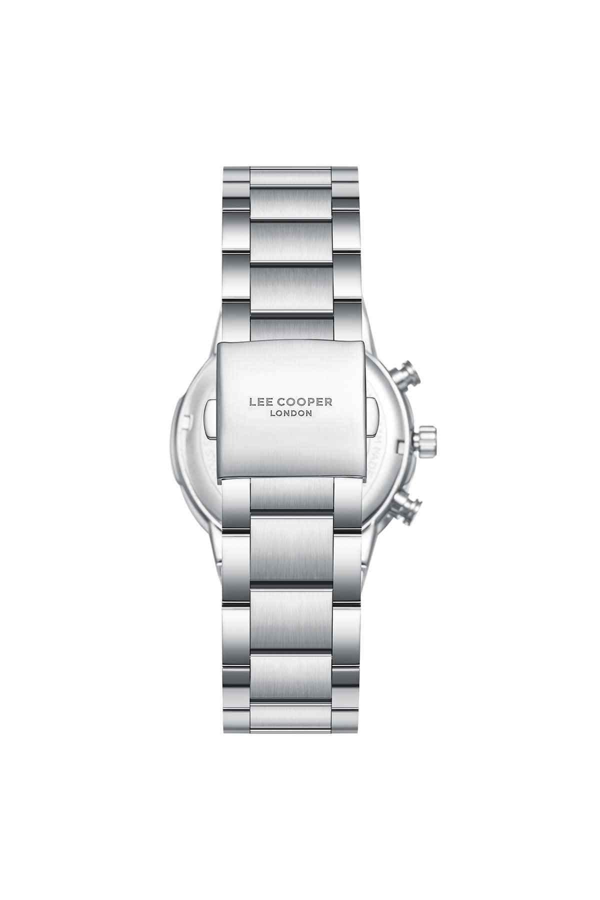 Lee Cooper silver wristwatch back view with engraved logo and bracelet